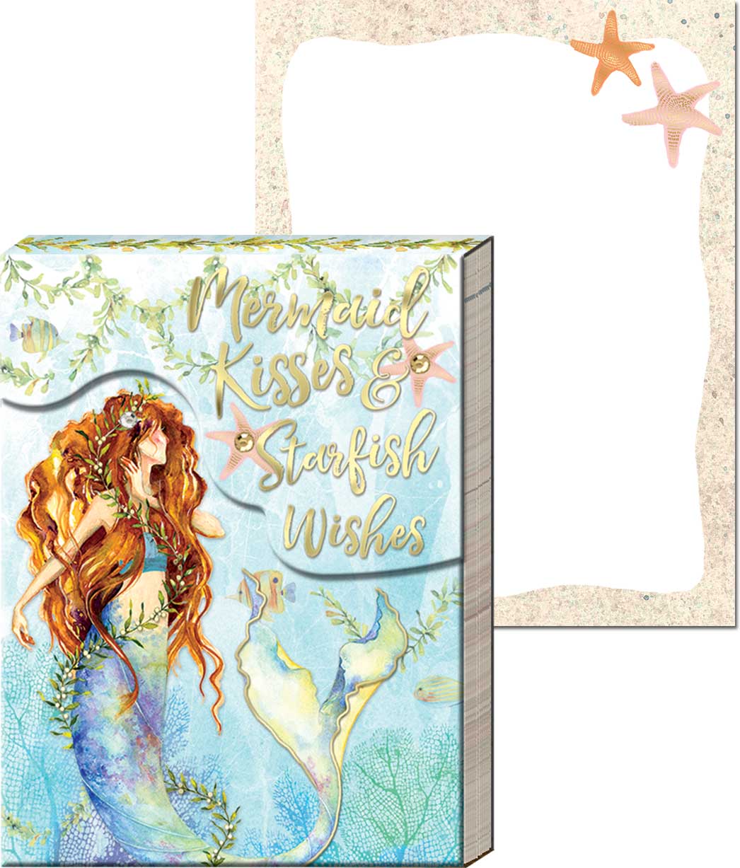Pocket notepad, mermaid with red hair and the phrase "Mermaid Kisses & Starfish Wishes" in gold foil