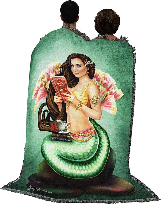Mermaid book lover tapestry blanket shown held by two adults
