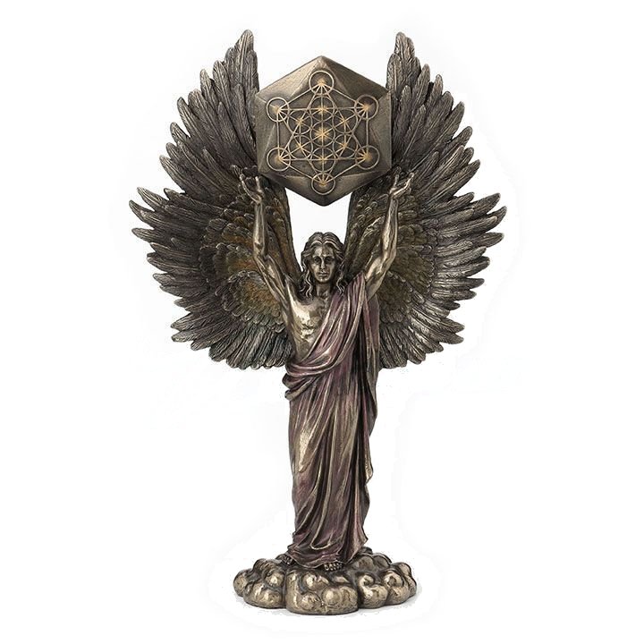 Metatron angel holding the sacred geometry cube above his head. Feathered wings are out to either side. Done in bronze color.