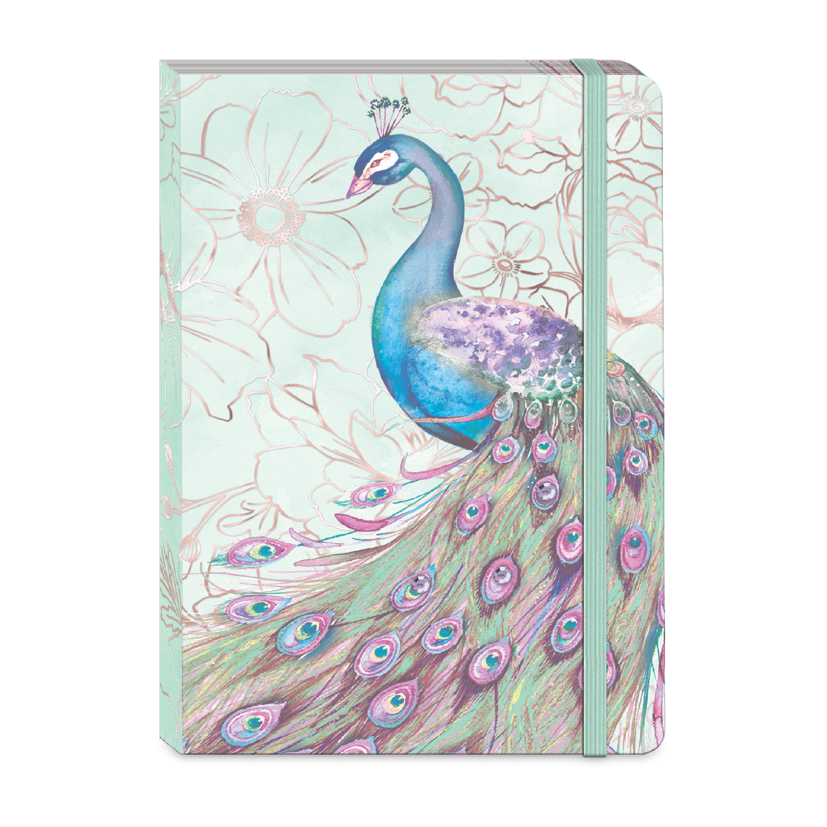 Softcover journal with pastel peacock on mint background with foil accents
