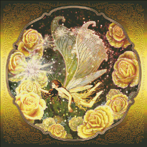 Cross stitch mockup, art by Myles Pinkney - The art shows off a fairy surrounded by golden yellow roses. The pixie has elaborate wings and is surrounded by the sparkles that emanate from her magic wand.