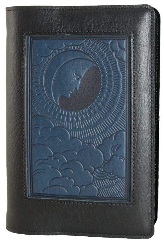 Leather journal featuring a blue moon design set into black