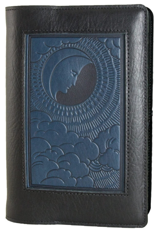 Leather journal featuring a blue moon design set into black 
