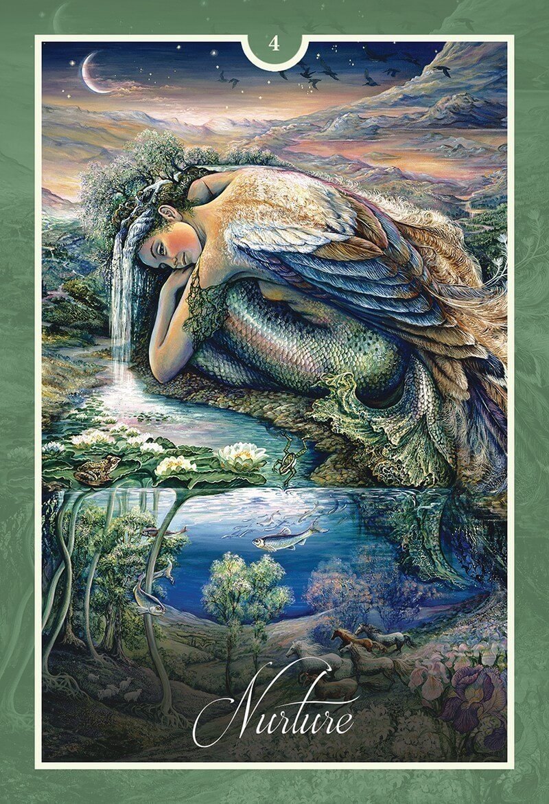 Card example - "Nurture" showing a mermaid curled up by a tide pool, her hair waterfalling to fill it and a night sky above