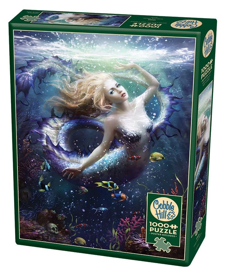 Cobble HIll 1000 Piece Puzzle, Poster Included - Mermaid surrounded by fish and coral, just about to break the surface of the water