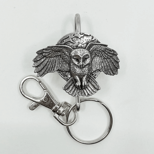 Owl key ring purse hook with spread wings against a full moon. Clip to attach to keys.