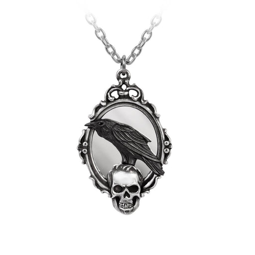 Necklace pendant featuring an ornate mirror with a skull and black raven perched atop the grinning skeleton