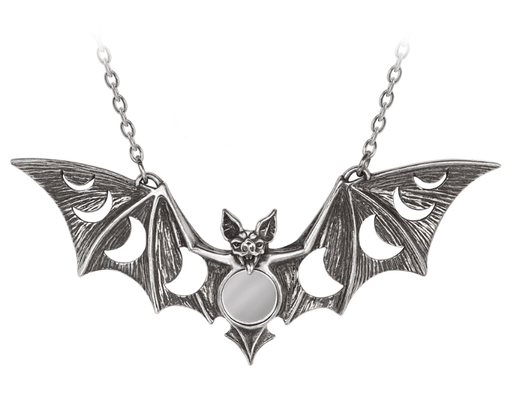 Necklace with a bat. Outstretched wings show off cutout moon phase shapes and a mirror at the center mimics a full moon
