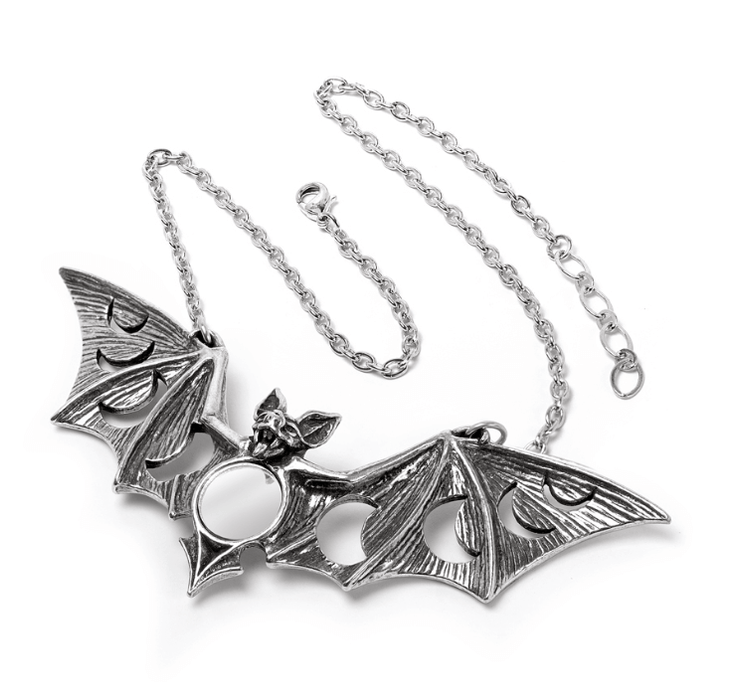 Necklace with a bat. Outstretched wings show off cutout moon phase shapes and a mirror at the center mimics a full moon