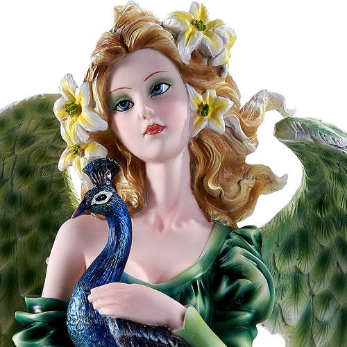 Closeup of fairy's face with peacock and flowers in her hair