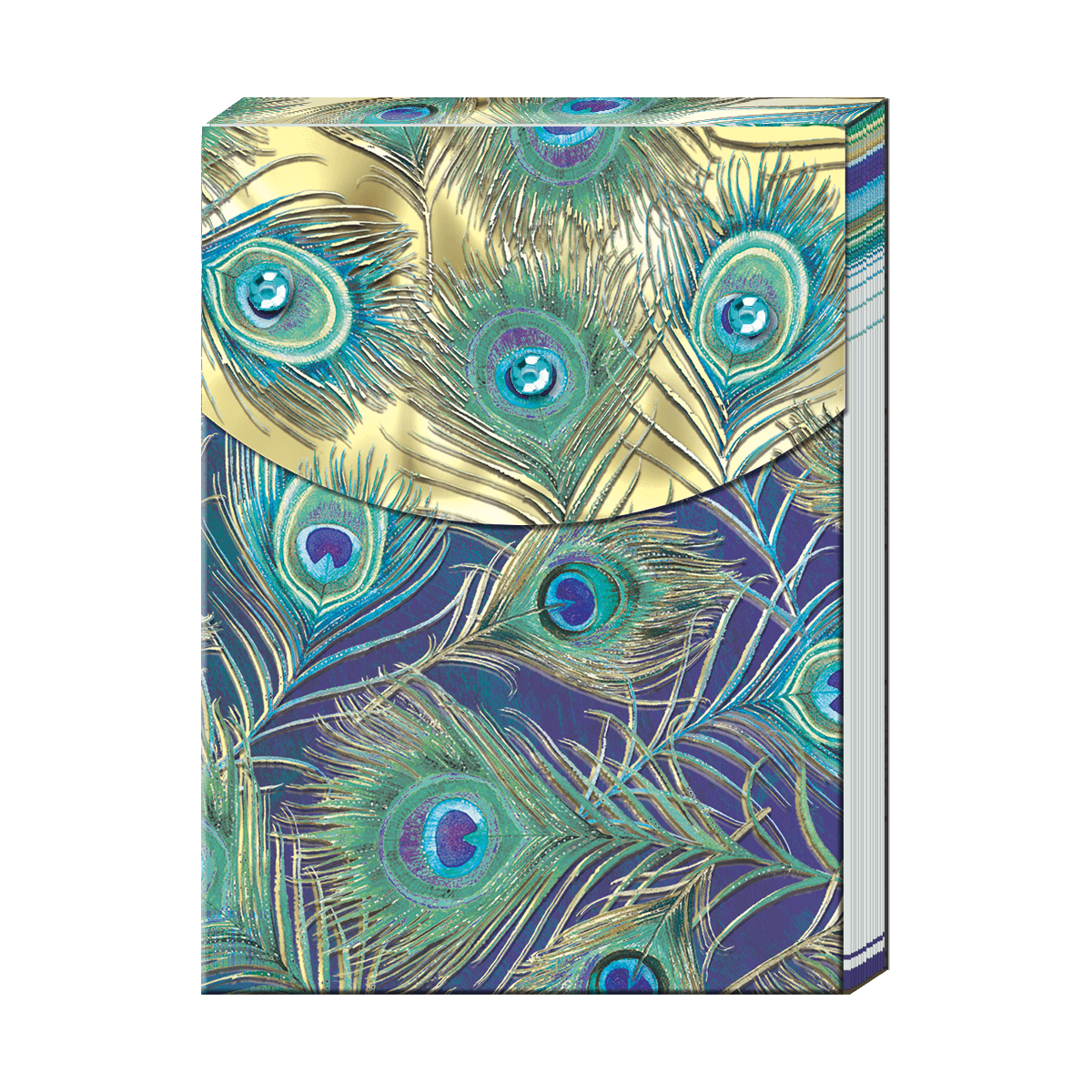 Pocket notebook with gold foiled peacock feather designs on cover