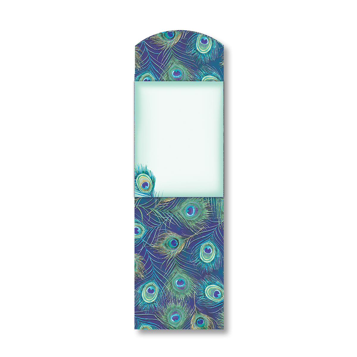 Pocket notepad shown open with peacock feather theme and on the paper