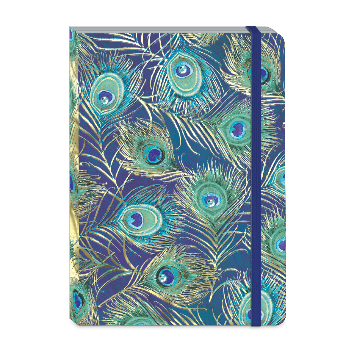 Journal with gold foil accented peacock feather design in blues on cover