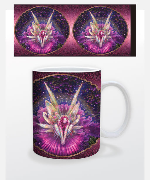 Mug featuring a wraparound design with a fairy in a purple flower peal dress and colorful wings with pink hair