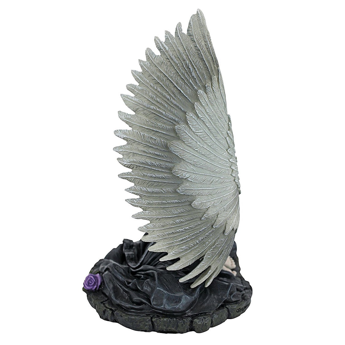 Figurine of a praying angel in black gown with white wings and purple rose