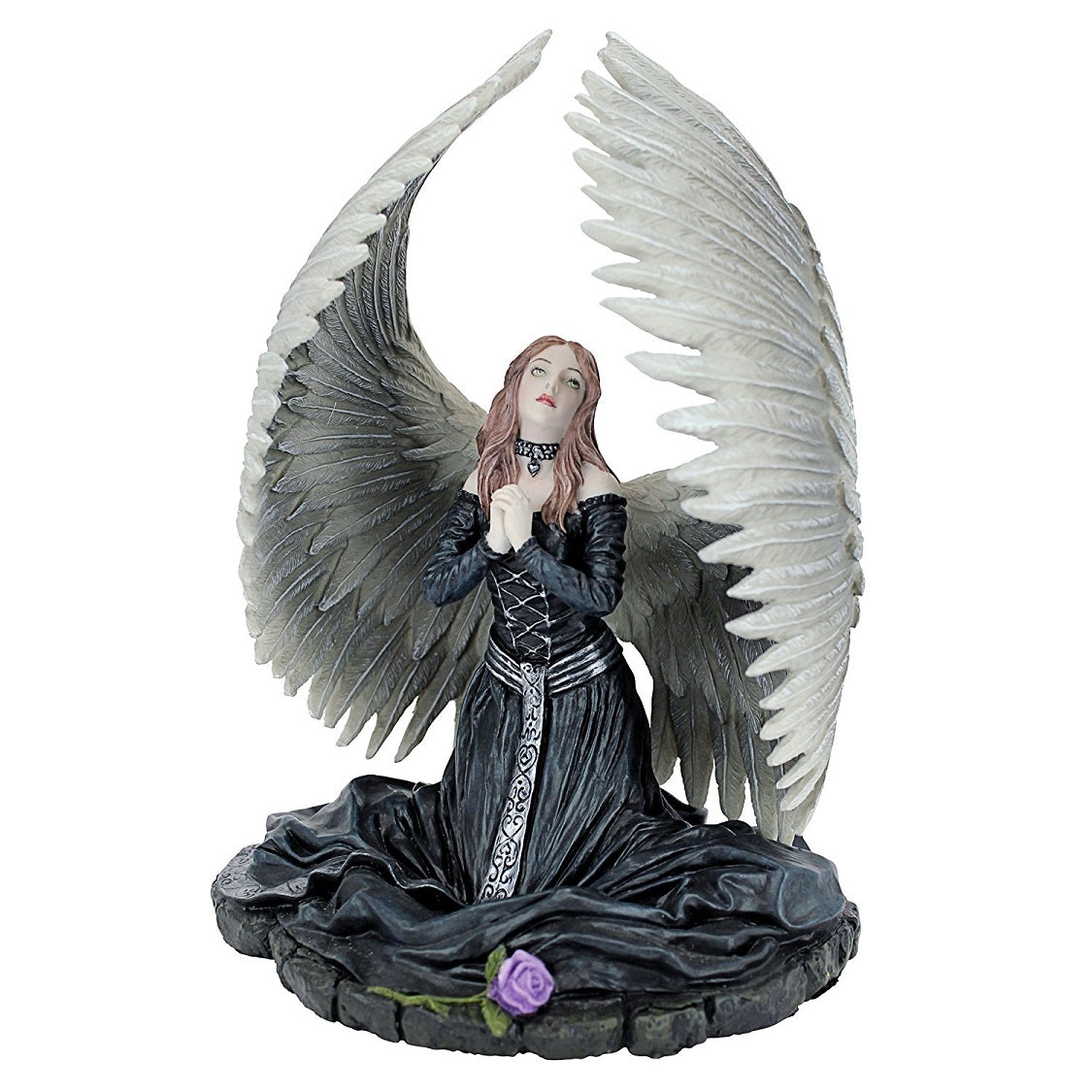 Figurine of a praying angel in black gown with white wings and purple rose