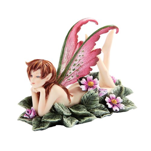 A nude fairy lays in the flowers. She has pink wings with green and the blossoms around her are also pink!
