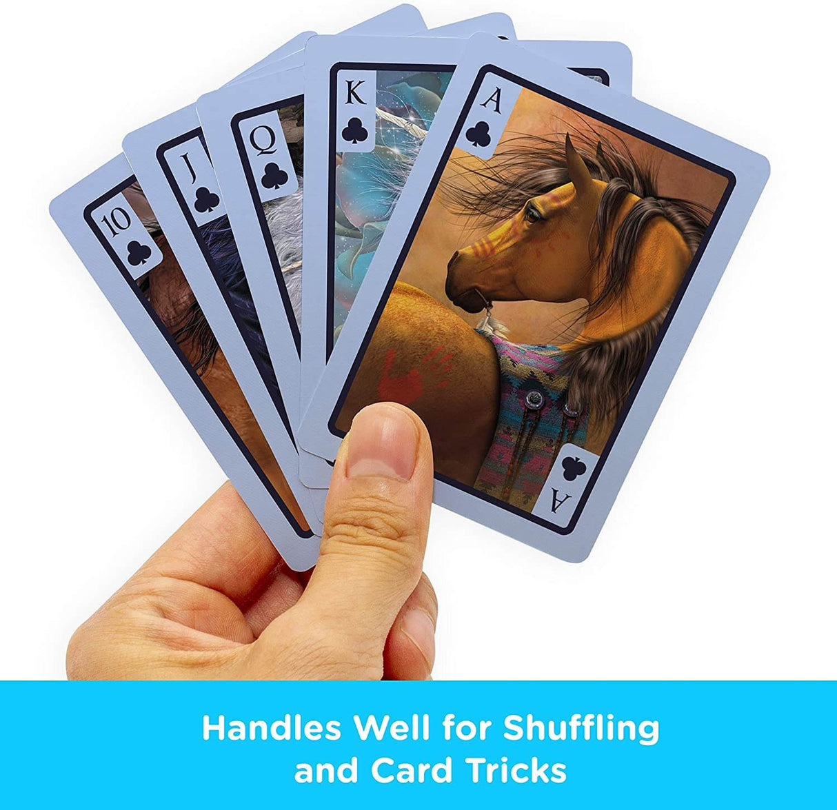 Hand holding Ace, King, Queen, Jack, Ten. Brown horse with tribal markings shown on the Ace. Text reads "Handles well for shuffling and card tricks"