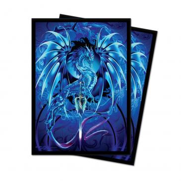 Blue sea themed dragon with a sword on the front of deck protector card sleeves