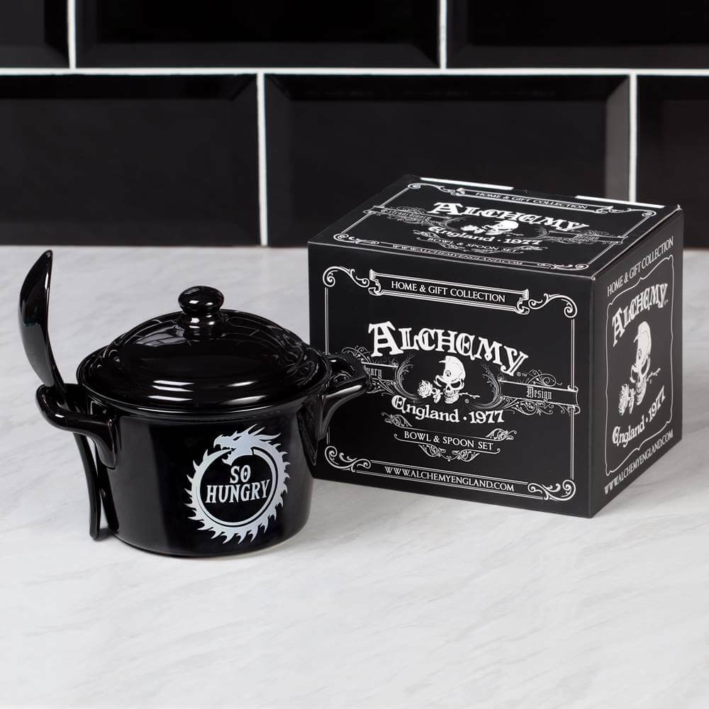 Soup bowl with spoon set - black with "So Hungry" ouroboros dragon. Comes in a gift box