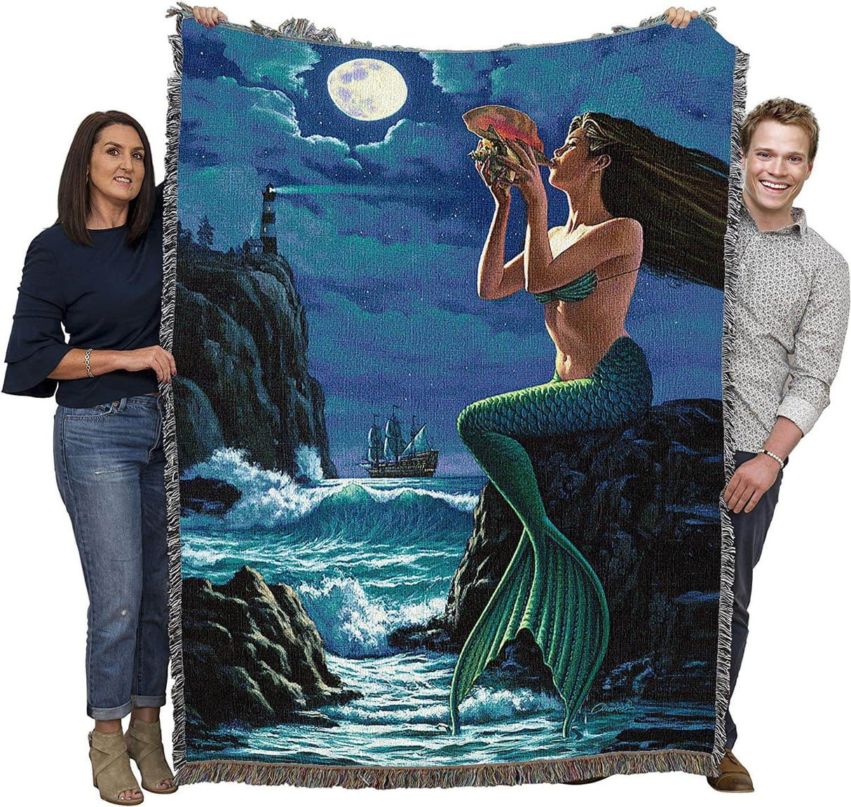 Nighttime mermaid tapestry blanket held by two adults to show large size