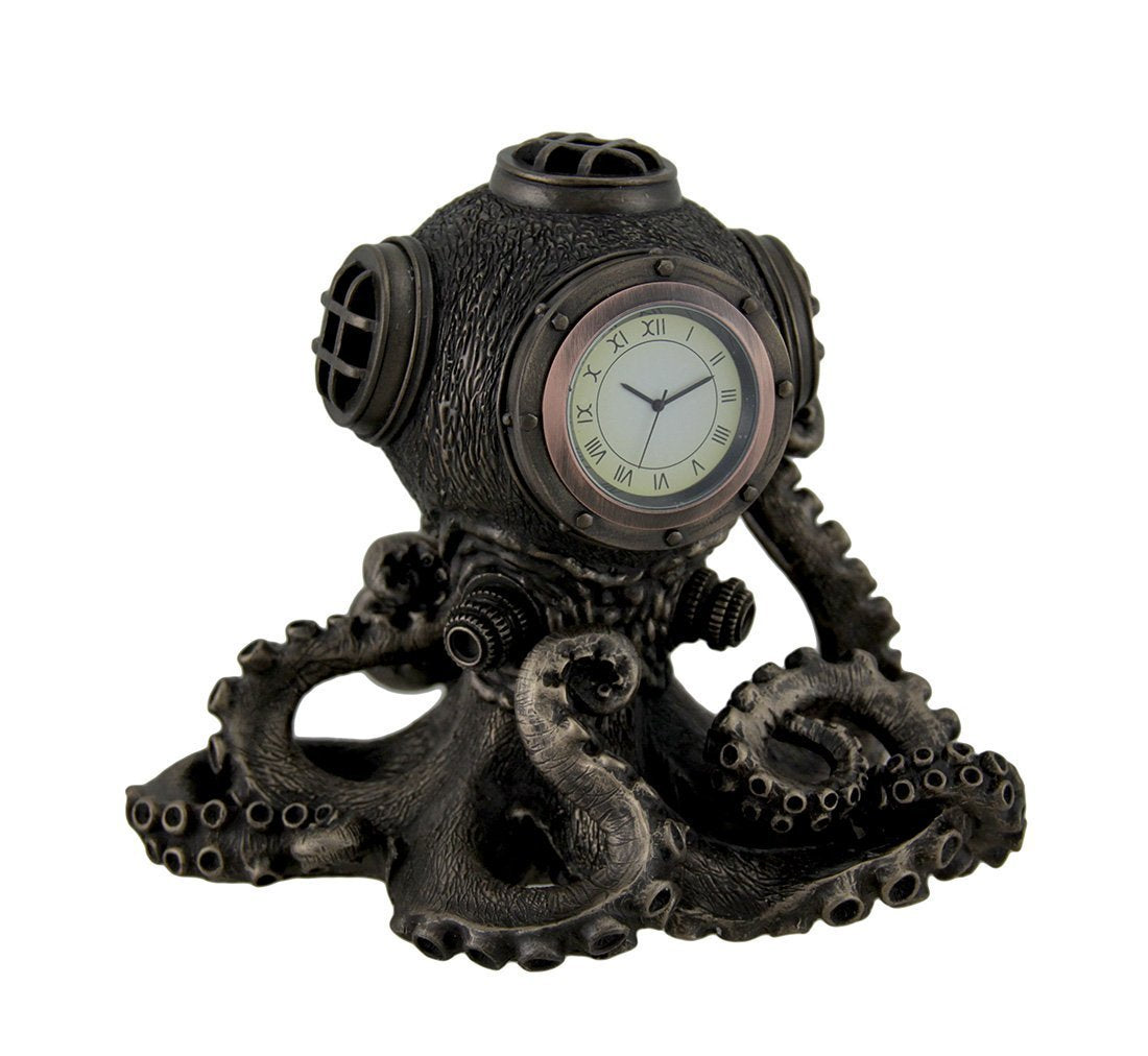 side view of bronze octopus clock with tentacles. Octopus in diving helmet