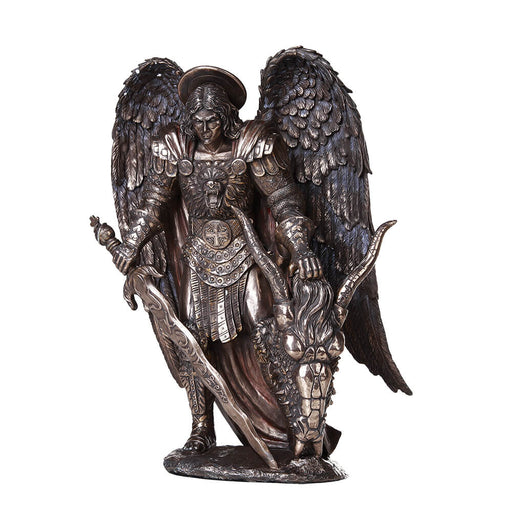 St. Micheal done in bronze coloration, holding the head of the slain dragona nd a sword.