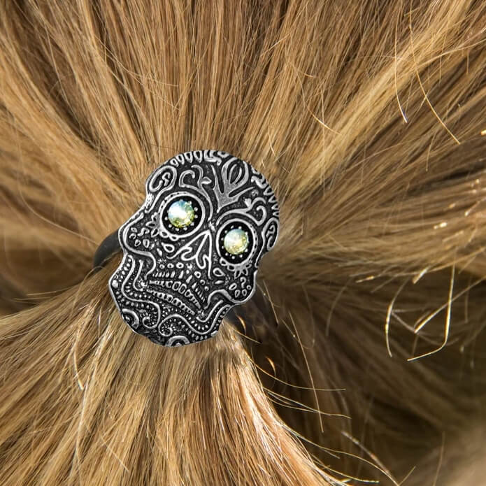 Sugar Skull ponytail holder shown in use