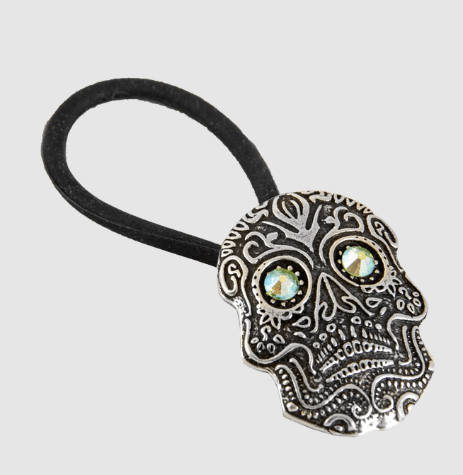 Sugar Skull pony tail holder in pewter with jewel eyes