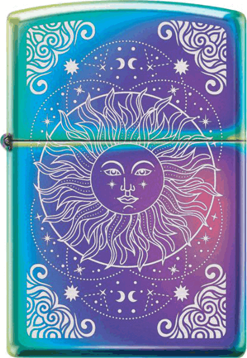 The iridescent metal of the Zippo lighter shines with the colors of the rainbow, and overlaid is a white design of a smiling sun. Stars and constellations surround it.