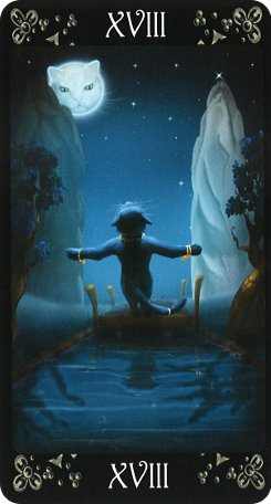 Card example for XVIII showing a black cat standing under a cat-shaped moon with arms outstretched, reflected in water