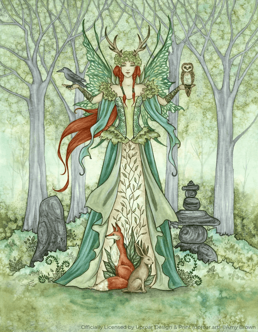 Green fairy with red hair poses with raven, owl, fox and hare in a magical forest. Stacked stones sit to the right and a small monolith on the left. Art by Amy Brown