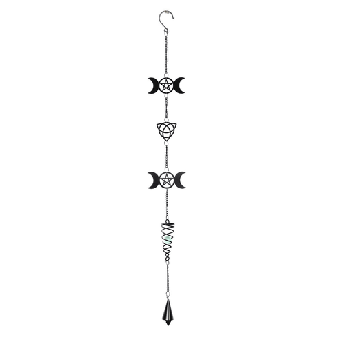 Triple Moon hanging wind chime with Celtic knot triquetra design and spiral
