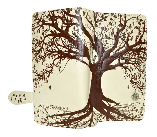 this wallet provides the perfect place for your money and cards! The full, front-to-back design shows off an old tree, branches twining to the sky and roots spreading out below. Leaves flutter from the branches.  Full pattern shown with wallet open.