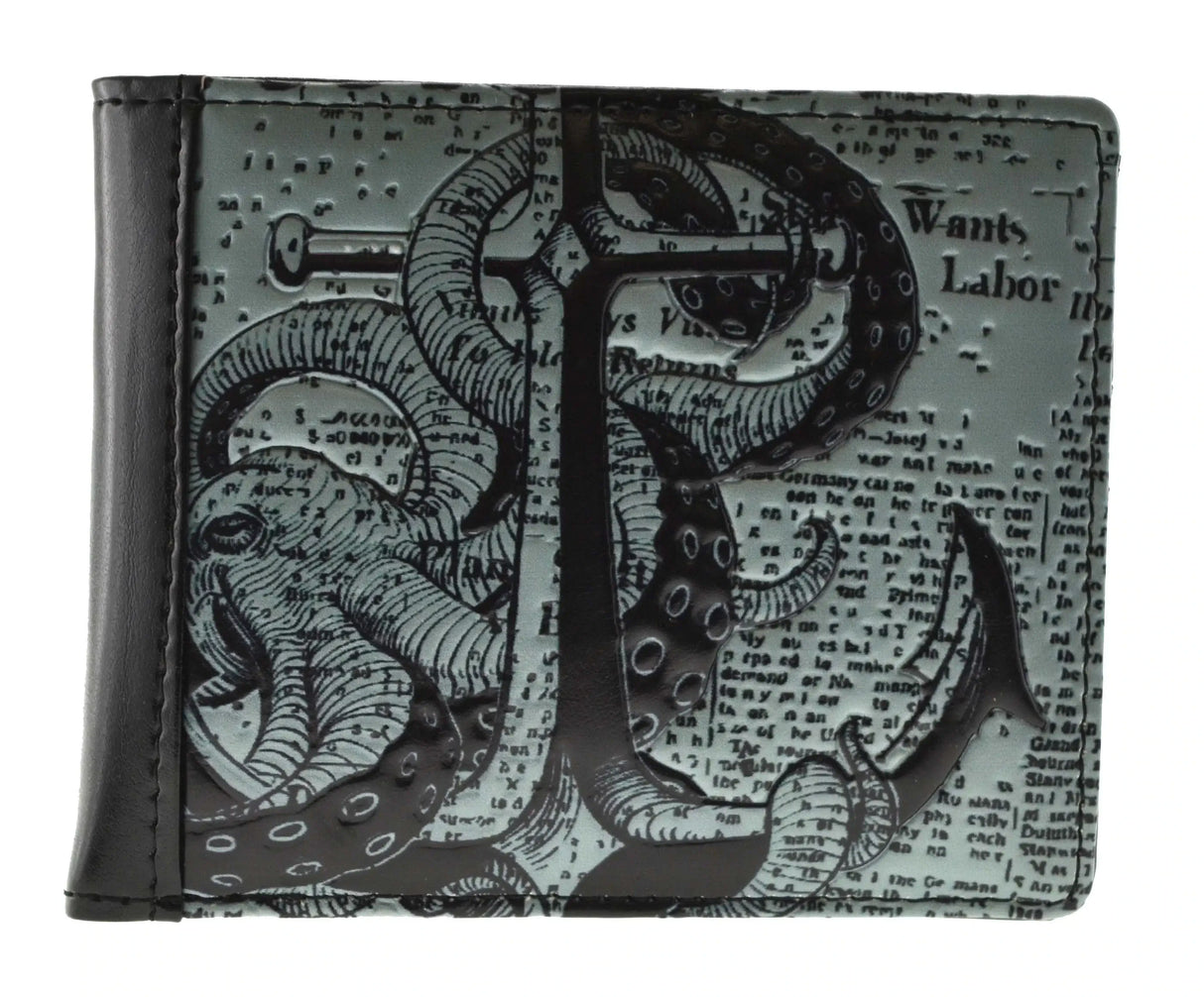 Wallet - The front features a octopus or kraken curling around an anchor. The backdrop is old newsprint, which continues onto the back side.