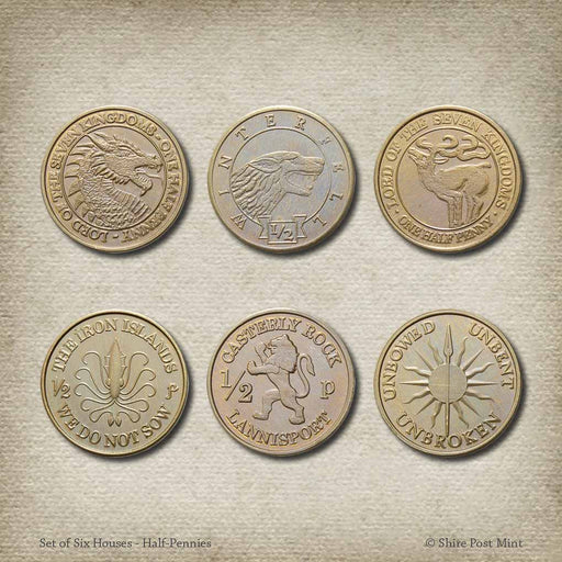 Set of coins for Westeros houses, showing 6 half pennies