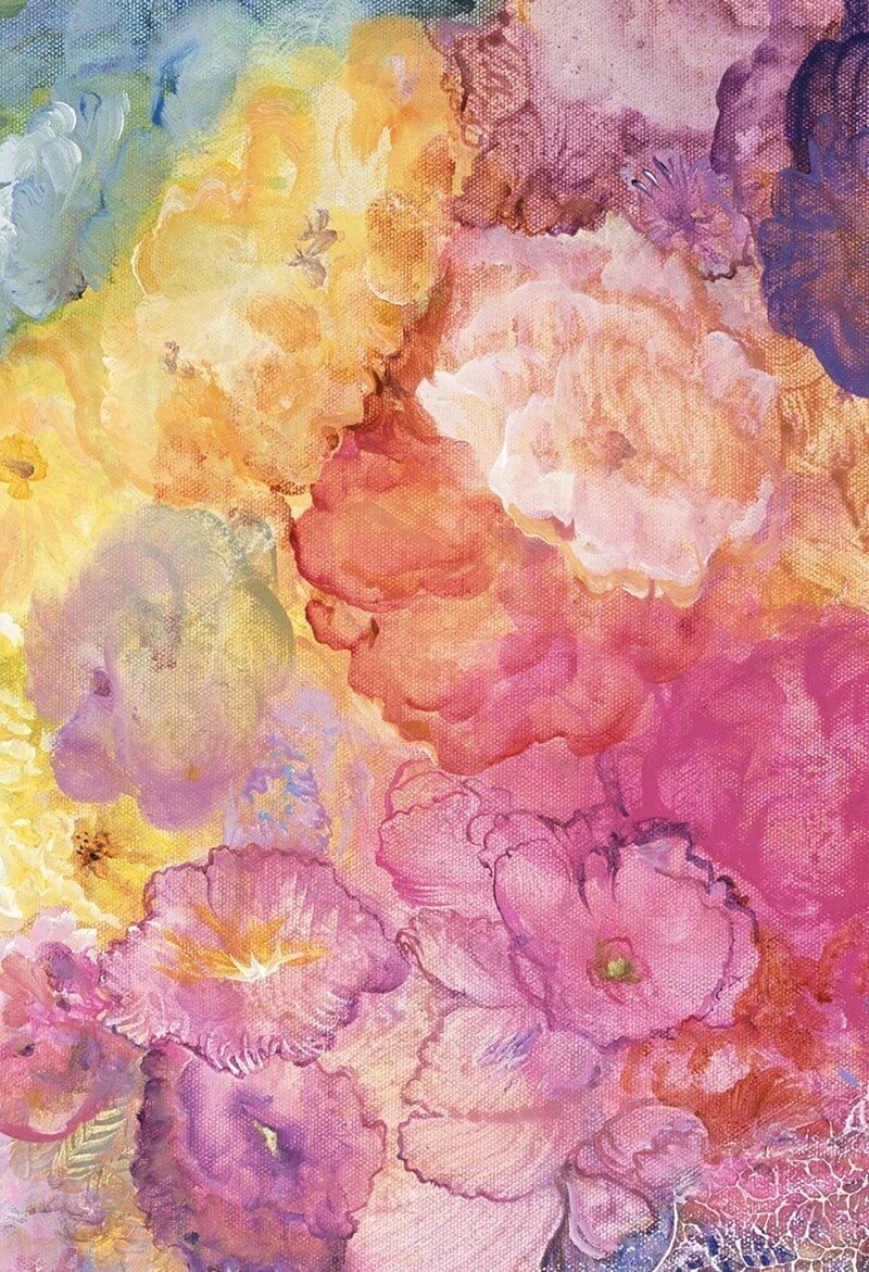 Card back artwork of colorful painted flowers