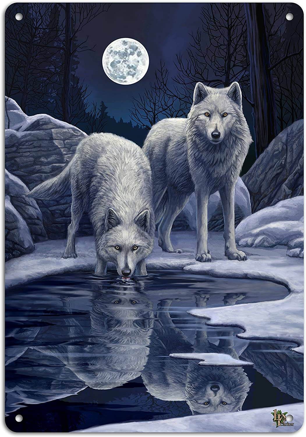 Two white wolves pause by a pond in a snowy landscape under a full moon on this metal art sign by Lisa Parker