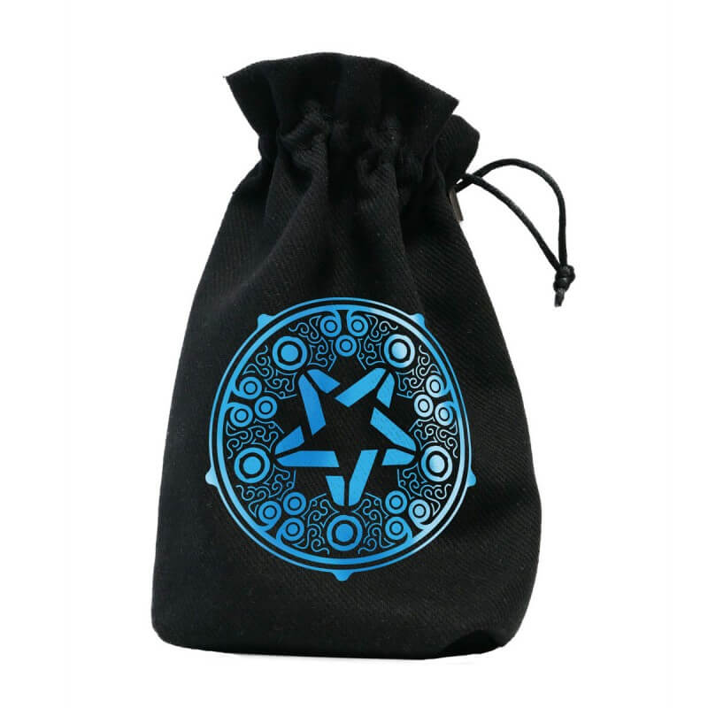 Dice bag in black with blue arcane symbols on the front