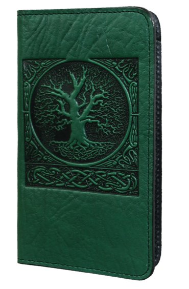 Leather checkbook holder with Tree of Life design in green
