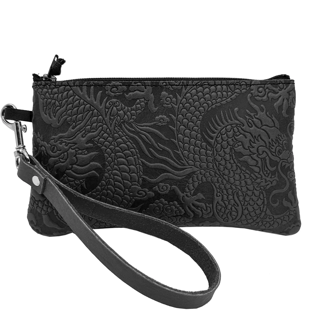 Leather wristlet zip pouch with cloud dragon design. Shown in black with detachable strap