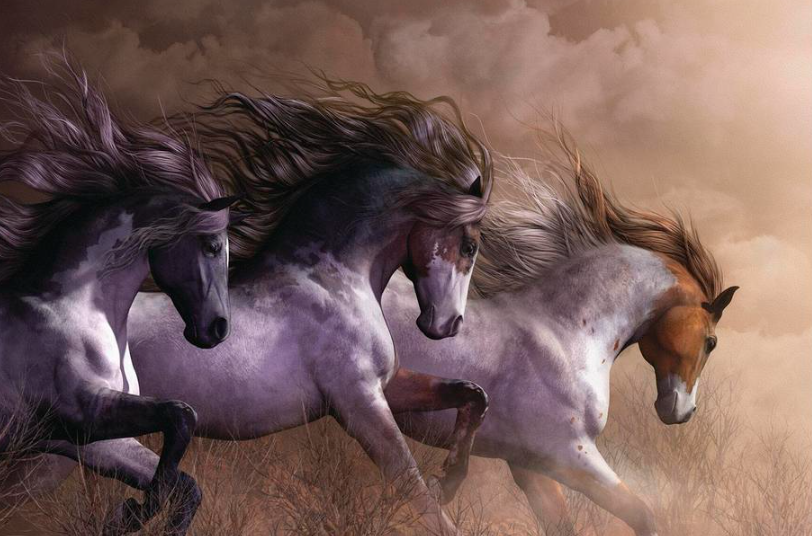 Run To Freedom card art with galloping horses, by Laurie Prindle
