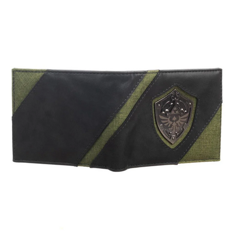 Black and green wallet with a Legend of Zelda Triforce Shield emblem