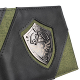 Black and green wallet with a Legend of Zelda Triforce Shield emblem