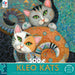 500 piece jigsaw puzzle, Kleo Kats by Marjorie Sarnat, orange and gray cat curled up together on a blue and black background. Patterns cover everything.