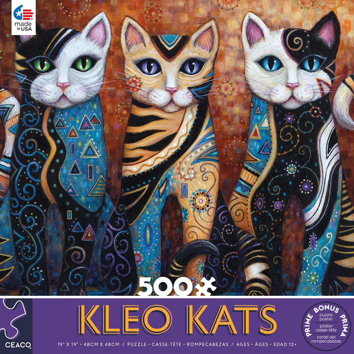 Jigsaw puzzle with three cats covered in colorful patterns with triangles, swirls, flowers, paisley. 500 pieces with bonus poster
