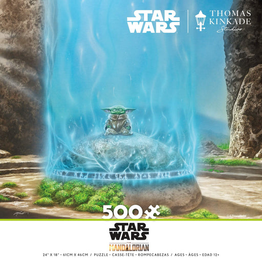 500 piece Star Wars Mandalorian puzzle by artist Thomas Kinkade of Grogu meditating in the blue light of the force.