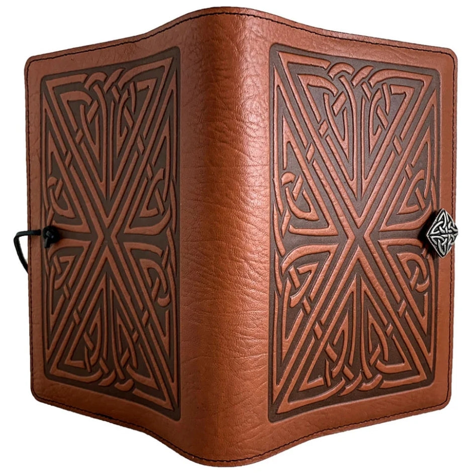 Saddle tan/brown leather journal with Celtic knotwork pattern on front and back