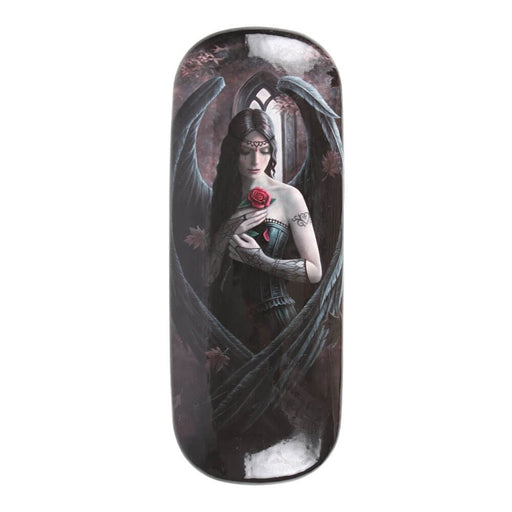 Hard shell glasses case with black winged dark haired angel holding red rose