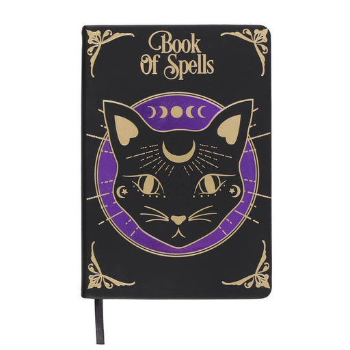 Black journal with purple and gold designs, black cat with celestial accents and "Book of Spells" written